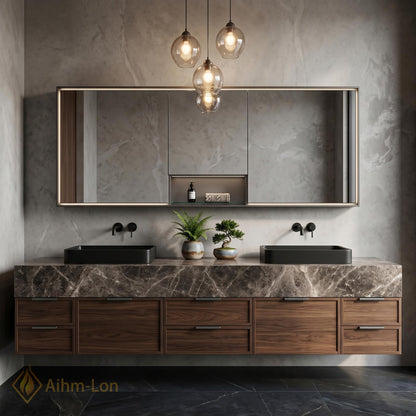 60''-96'' Double Bathroom Vanity with Sink Dark Walnut Grain Floating Open Shelving