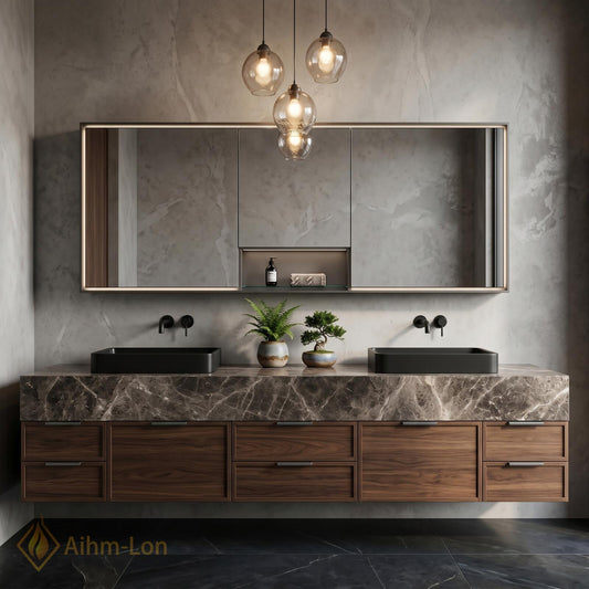 60''-96'' Double Bathroom Vanity with Sink Dark Walnut Grain Floating Open Shelving