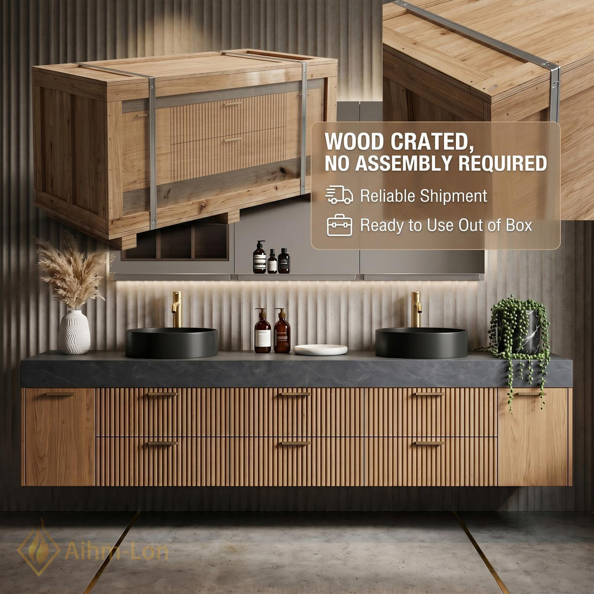 60''-96'' Double Bathroom Vanity with Sink Dark Stone Top Ribbed Panel Front