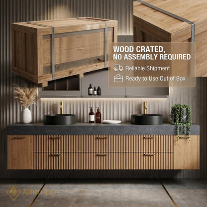 60''-96'' Double Bathroom Vanity with Sink Dark Stone Top Ribbed Panel Front
