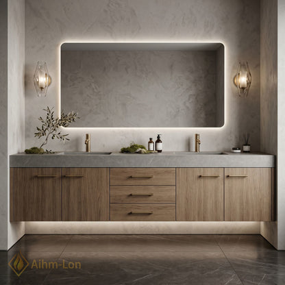 60''-96'' Double Bathroom Vanity with Sink Stone-Textured Top Wood-Grain Panels Stone Textured