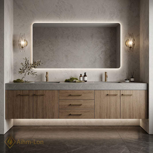 60''-96'' Double Bathroom Vanity with Sink Stone-Textured Top Wood-Grain Panels Stone Textured