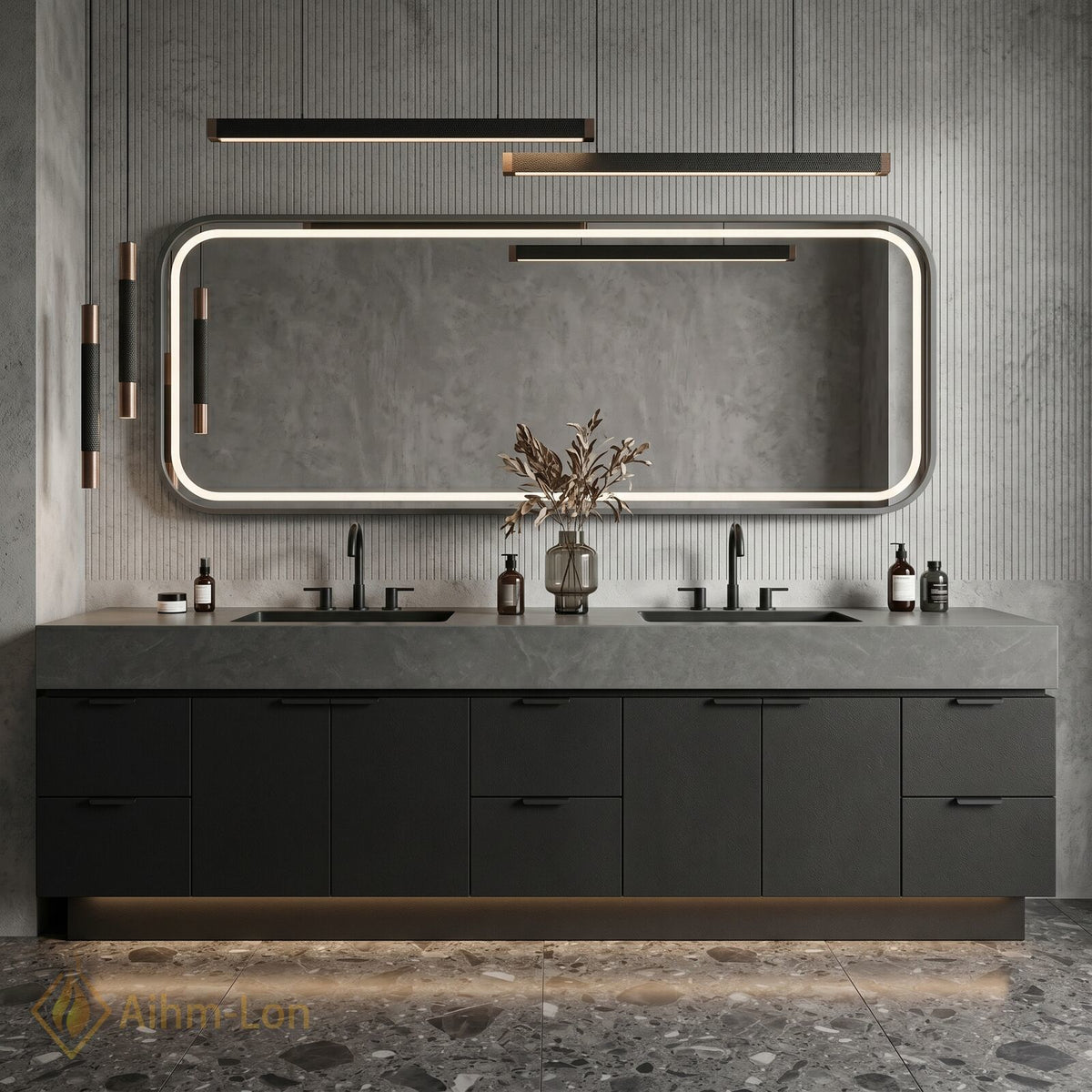 76''-96'' Double Bathroom Vanity with Sink Dark Matte Finish Multiple Drawers