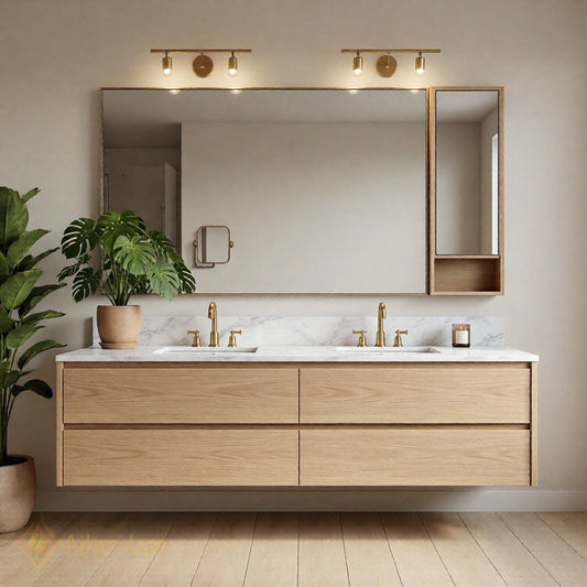 60''-96'' Modern Bathroom Vanity with Sink Floating Wood Marble Integrated Mirror Storage