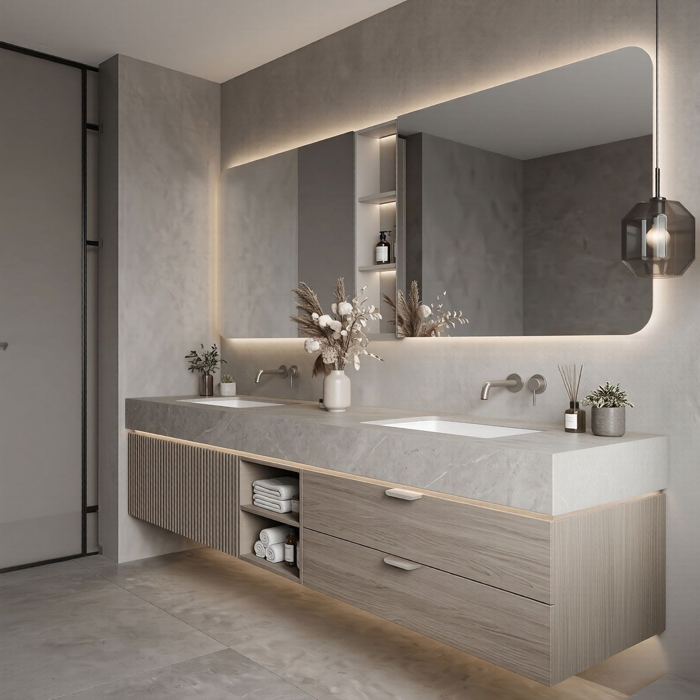 60''-96'' Modern Bathroom Vanity with Sink Textured Slatted Front Wood Grain Cabinet