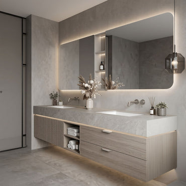 60''-96'' Modern Bathroom Vanity with Sink Textured Slatted Front Wood Grain Cabinet