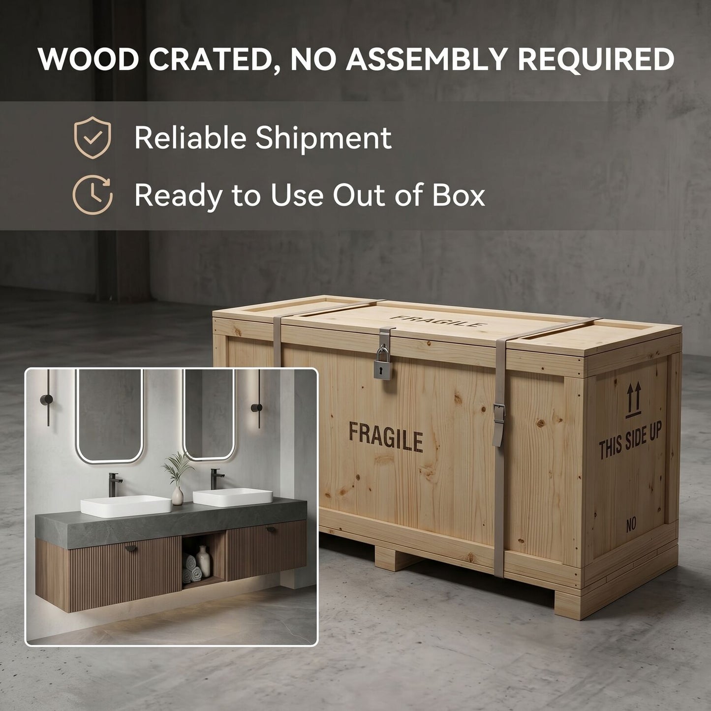 60''-96'' Modern Bathroom Vanity with Sink Double Sink Dark Stone Slatted Wood Open Shelf