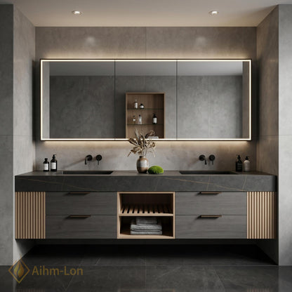 60''-96'' Bathroom Vanity with Sink Modern Floating Dark Stone Finish Slatted Side
