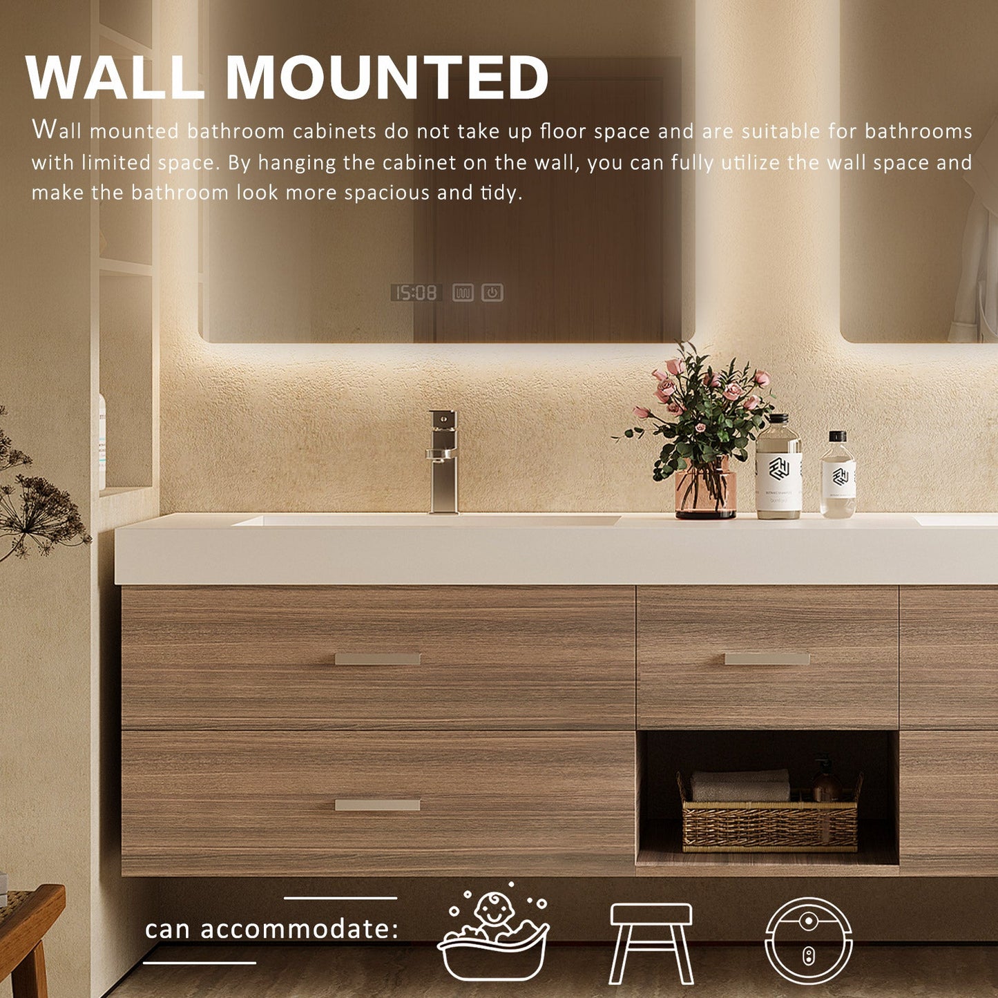 56"- 78"Floating Bathroom Vanity Includes Five Brown Wood Design Drawer