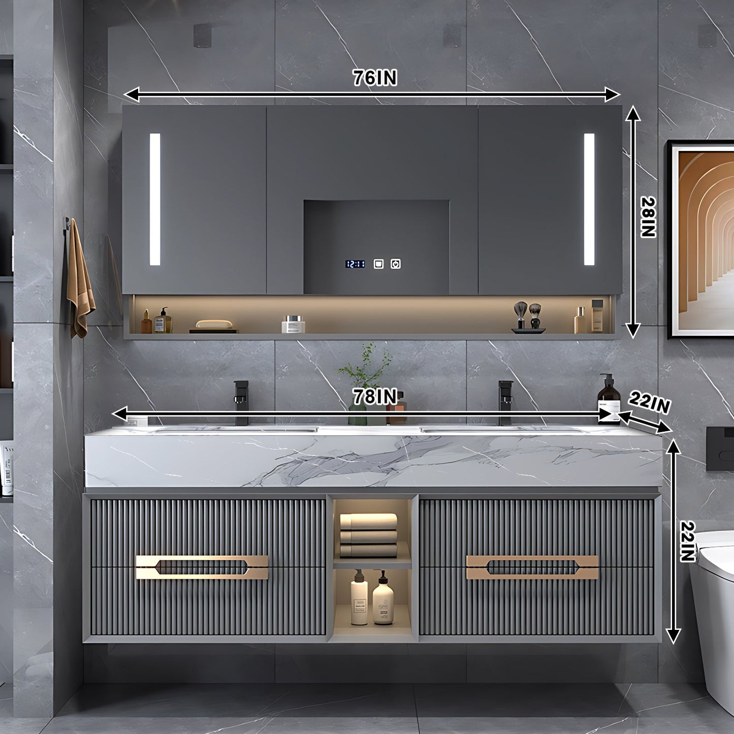 60“-96”Floating Bathroom Vanity with Lacquer Finish, Showing Vertical Lattice Texture