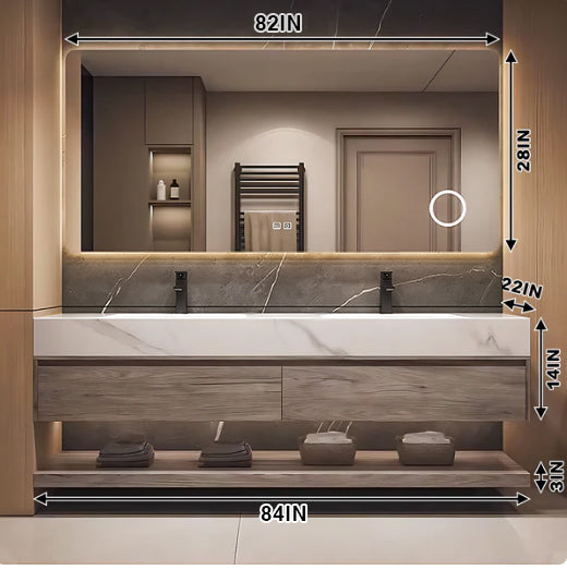84‘’Solid Wood Bathroom Vanity Set with Integrated Sink and Smart Mirror