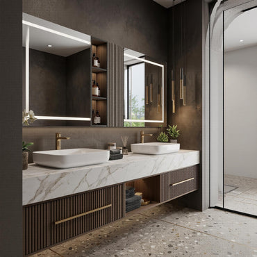 60''-96'' Modern Bathroom Vanity with Sink Double Sink White Marble Slatted Center Panel Cabinet
