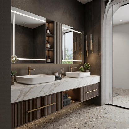 60''-96'' Modern Bathroom Vanity with Sink Double Sink White Marble Slatted Center Panel Cabinet