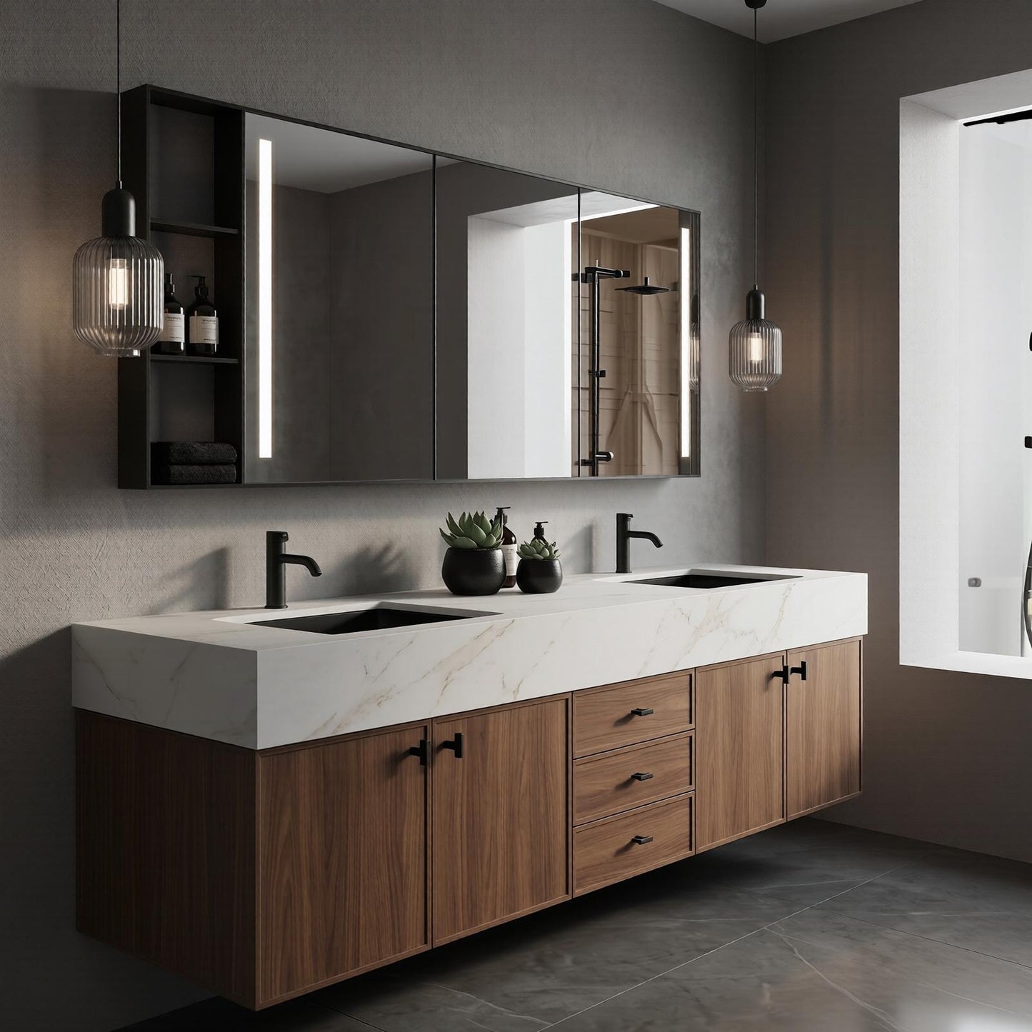 60''-96'' Modern Bathroom Vanity with Sink White Marble Walnut Grained Doors Drawers Cabinet