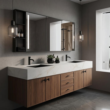 60''-96'' Modern Bathroom Vanity with Sink White Marble Walnut Grained Doors Drawers Cabinet