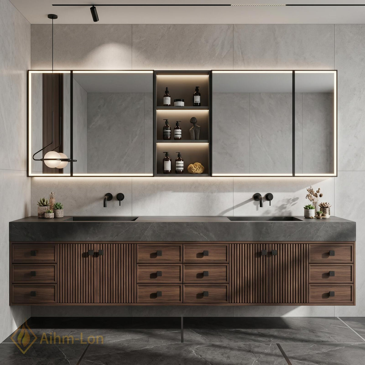 76''-96'' Double Bathroom Vanity with Sink Dual Basins Dark Walnut Spacious Organization