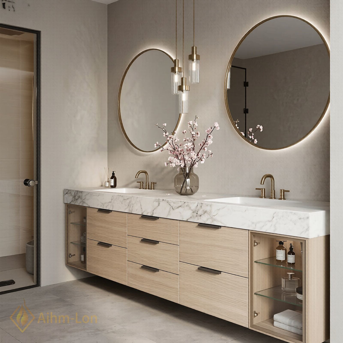 60''-96'' Double Bathroom Vanity with Sink Marble Top Glass Door Cabinets Storage
