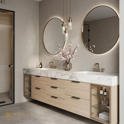 60''-96'' Double Bathroom Vanity with Sink Marble Top Glass Door Cabinets Storage