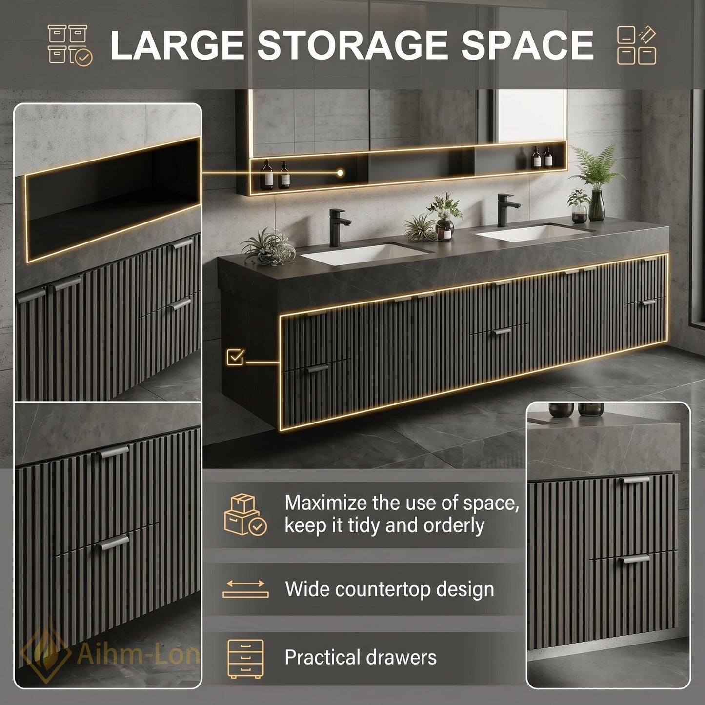 72''-96'' Double Bathroom Vanity with Sink Dark Grey Floating Panels Stone Ribbed