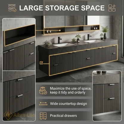 72''-96'' Double Bathroom Vanity with Sink Dark Grey Floating Panels Stone Ribbed