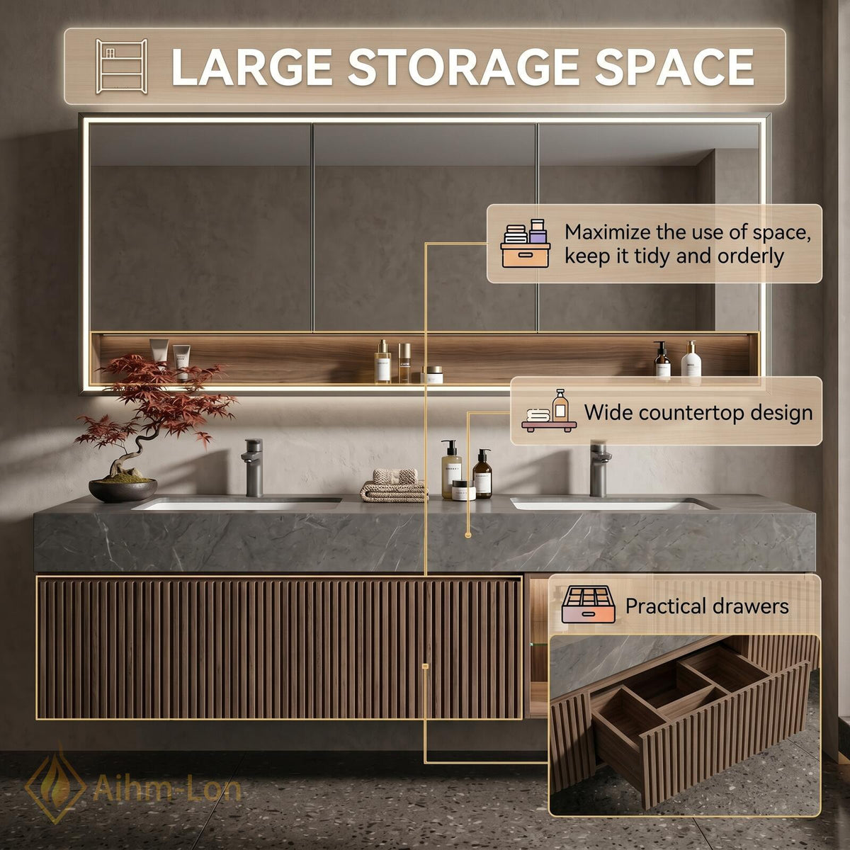 60''-96'' Double Bathroom Vanity with Sink Vertical Slats Stone Countertop Mirror Cabinet