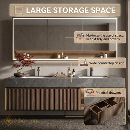 60''-96'' Double Bathroom Vanity with Sink Vertical Slats Stone Countertop Mirror Cabinet