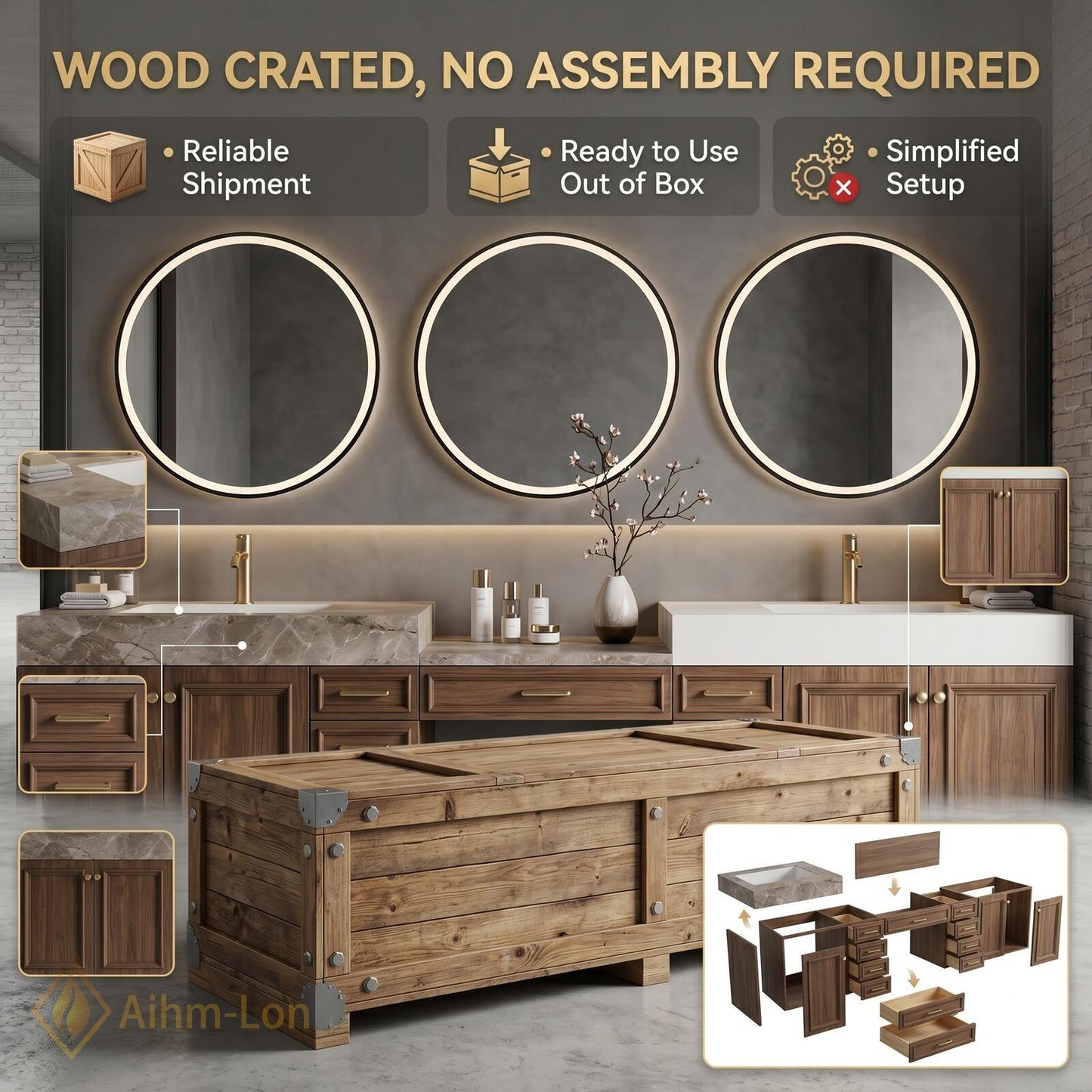 60''-96'' Double Bathroom Vanity with Sink Walnut Floating Modern Triple Woodgrain Finish