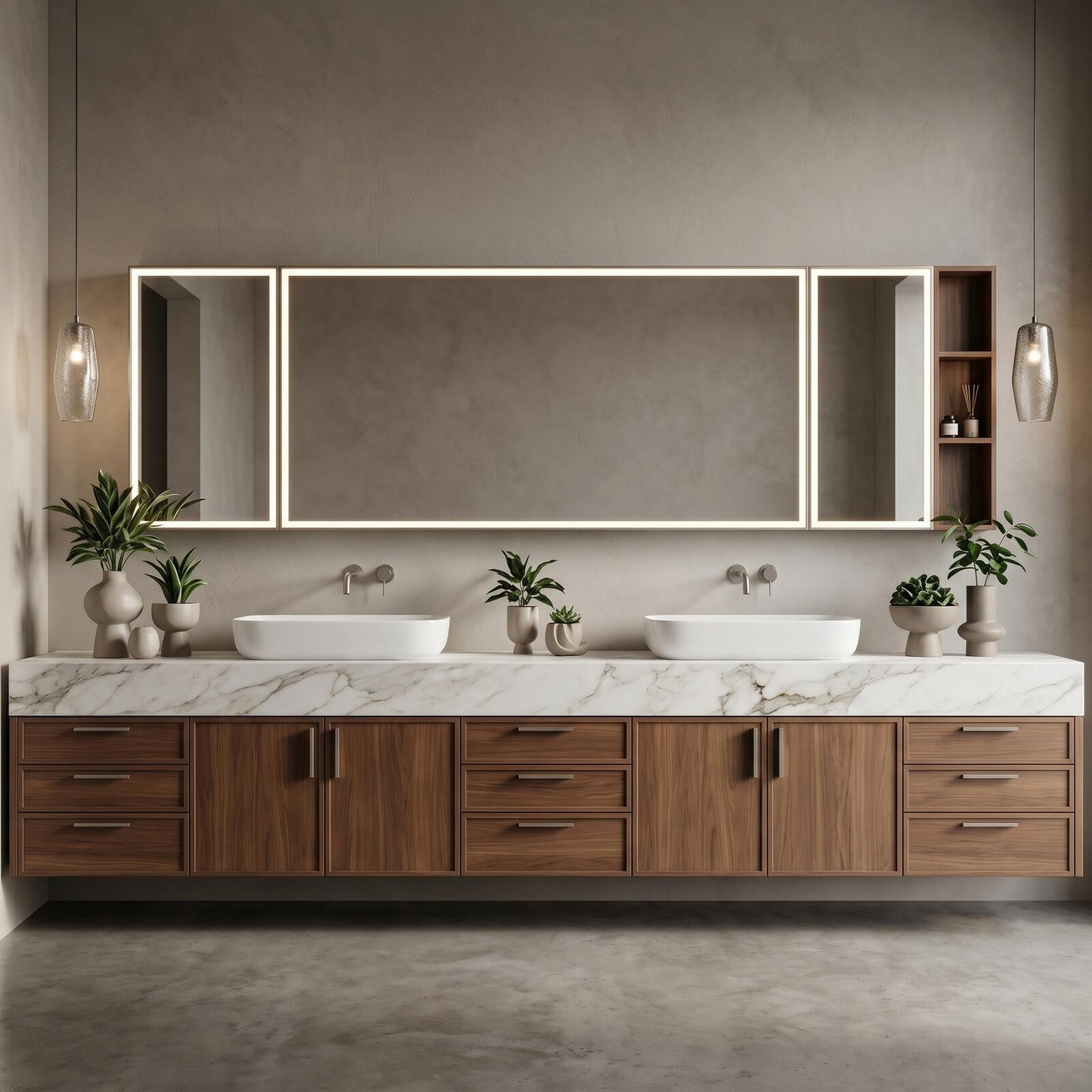 70''-96'' Modern Bathroom Vanity with Sink Double Sink White Marble Dark Walnut Cabinet