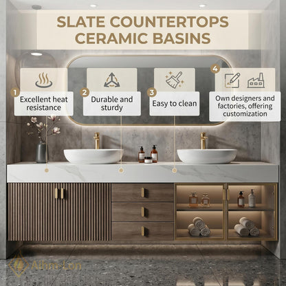 74''-96'' Double Bathroom Vanity with Sink Modern Floating Doors Glass Storage Open
