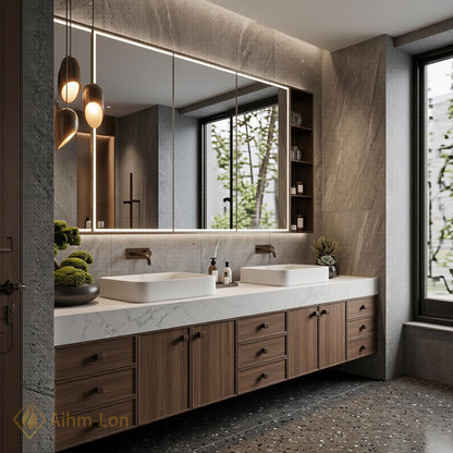 76''-96'' Modern Double Bathroom Vanity with Sink Wall-Mounted Dark Walnut Open Shelving