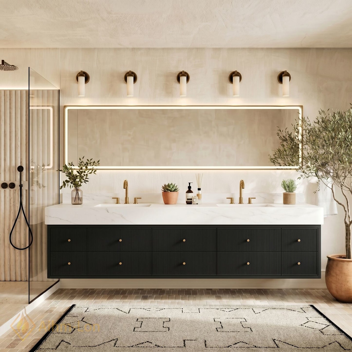 72''-96'' Bathroom Vanity with Sink Textured Drawers Panel Marble Pattern Top Floating