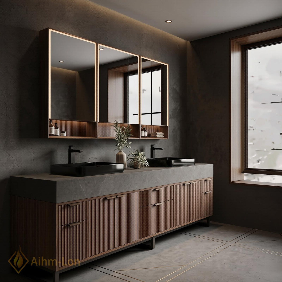 60''-96'' Double Bathroom Vanity with Sink Slatted Panel Doors Warm Walnut Finish