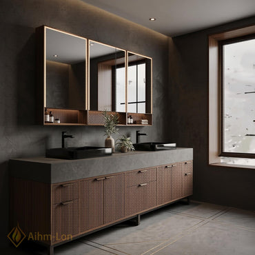 60''-96'' Double Bathroom Vanity with Sink Slatted Panel Doors Warm Walnut Finish