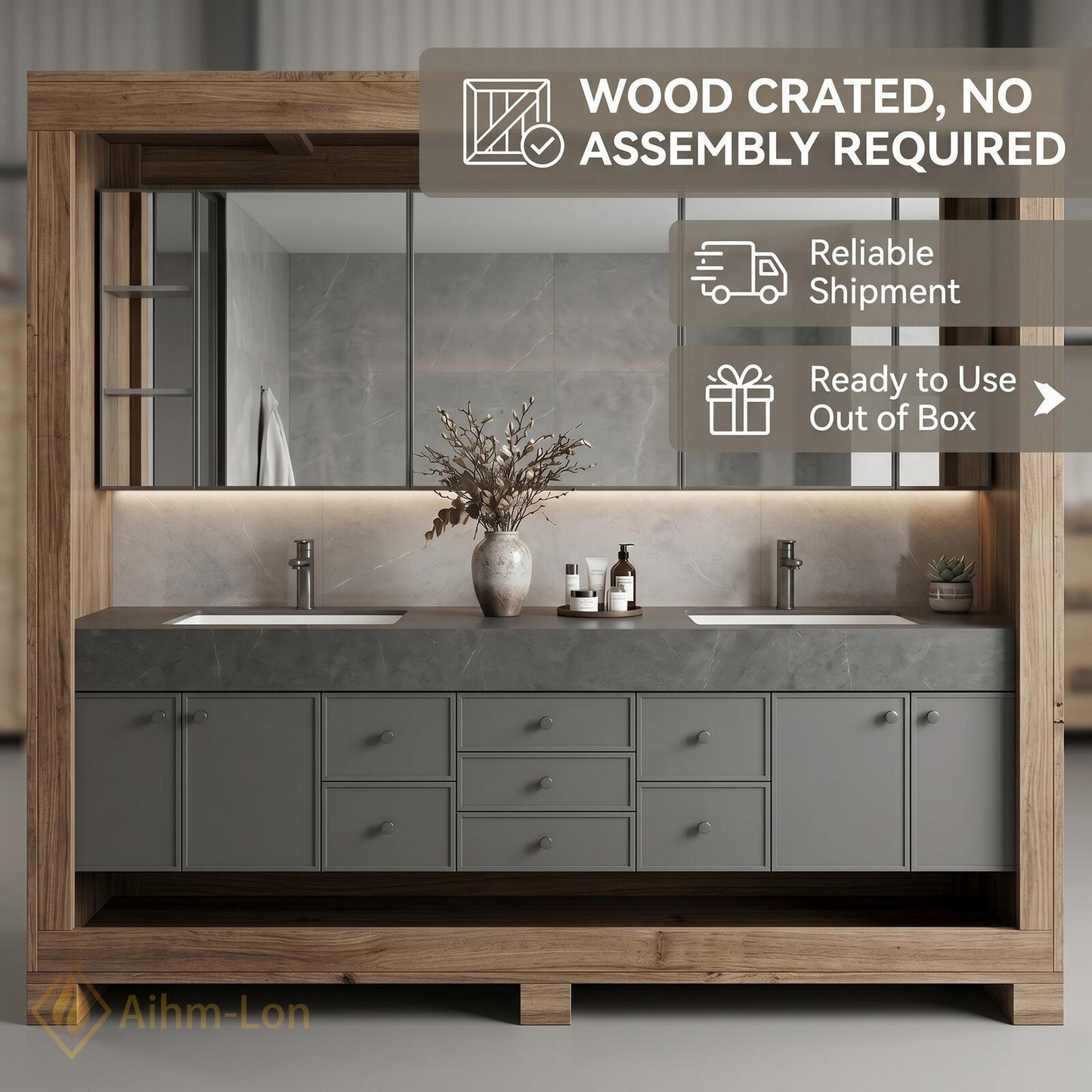 76''-96'' Double Bathroom Vanity with Sink Matte Grey Stone-Textured Countertop Modern Spaces