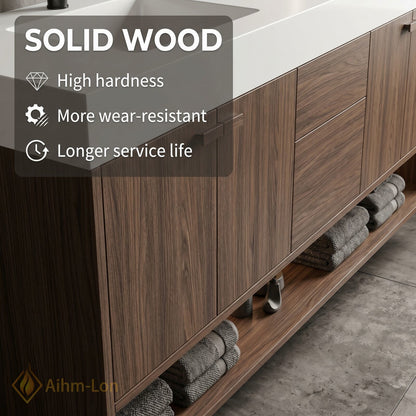 72''-96'' Double Bathroom Vanity with Sink Floating Design Dark Wood Finish Integrated