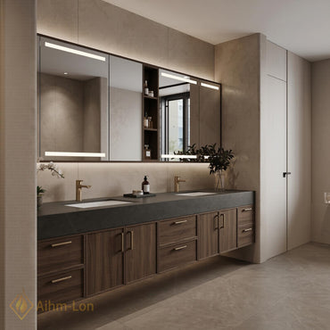 60''-96'' Double Bathroom Vanity with Sink Dark Stone Top Warm Wood-Grain Cabinetry