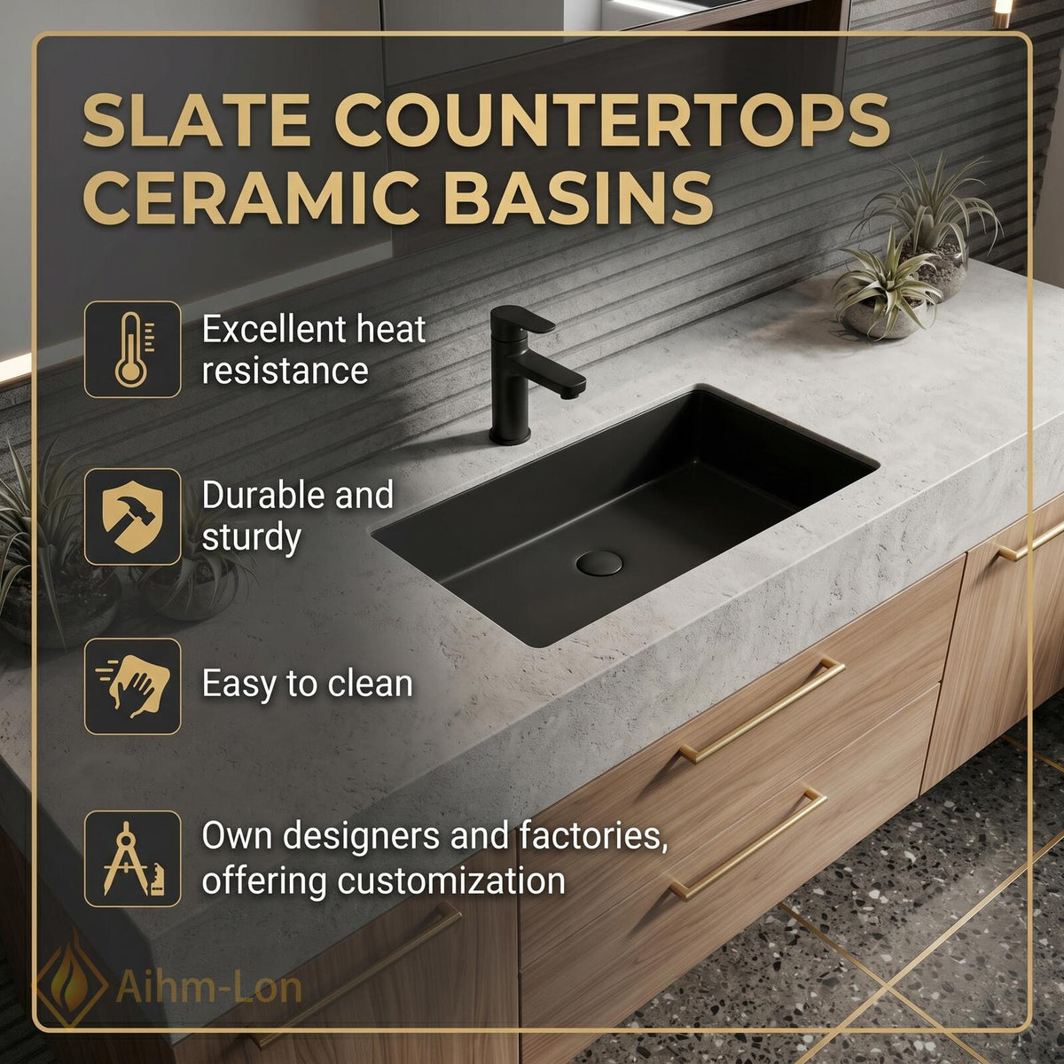 60''-96'' Double Bathroom Vanity with Sink Textured Stone Top Wood Finish Drawers