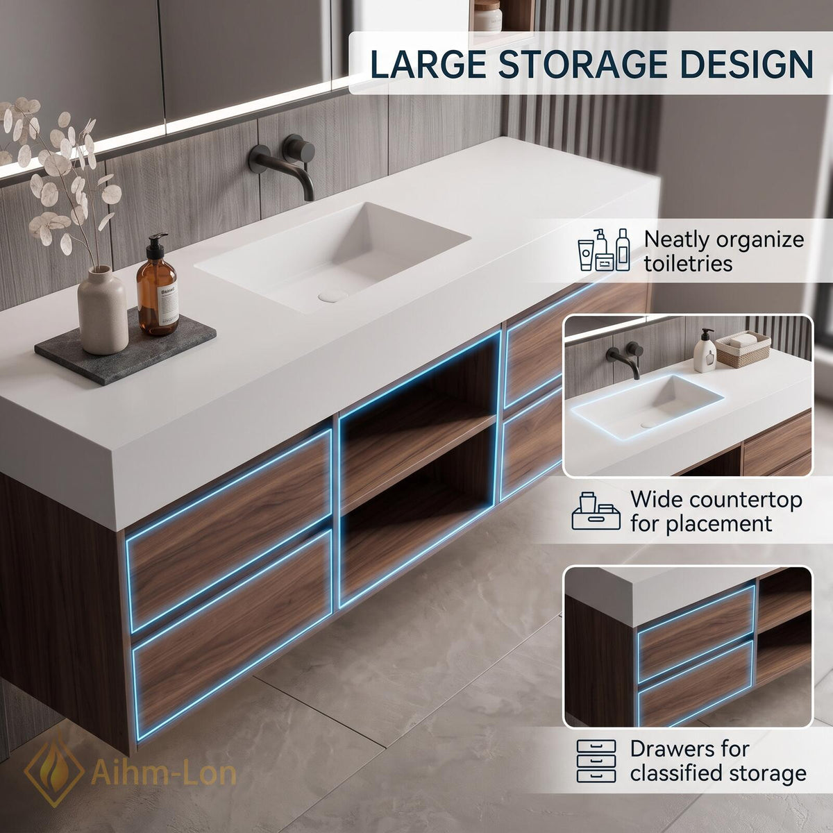 36''-110'' Bathroom Vanity with Sink Floating Streamlined Drawers Dark Wood Finish