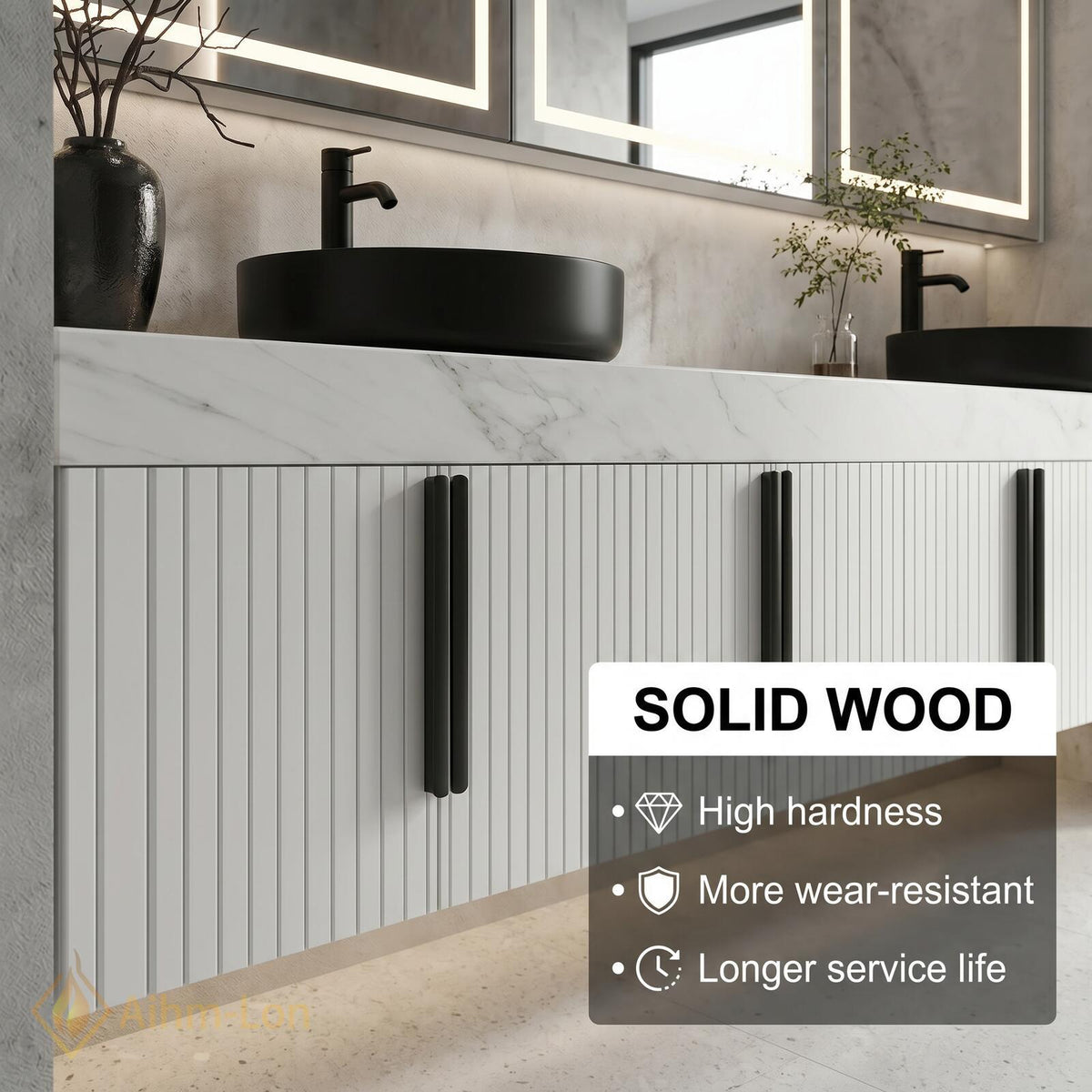 76''-96'' Bathroom Vanity with Sink Floating Double Slatted Doors Open Shelving Marble