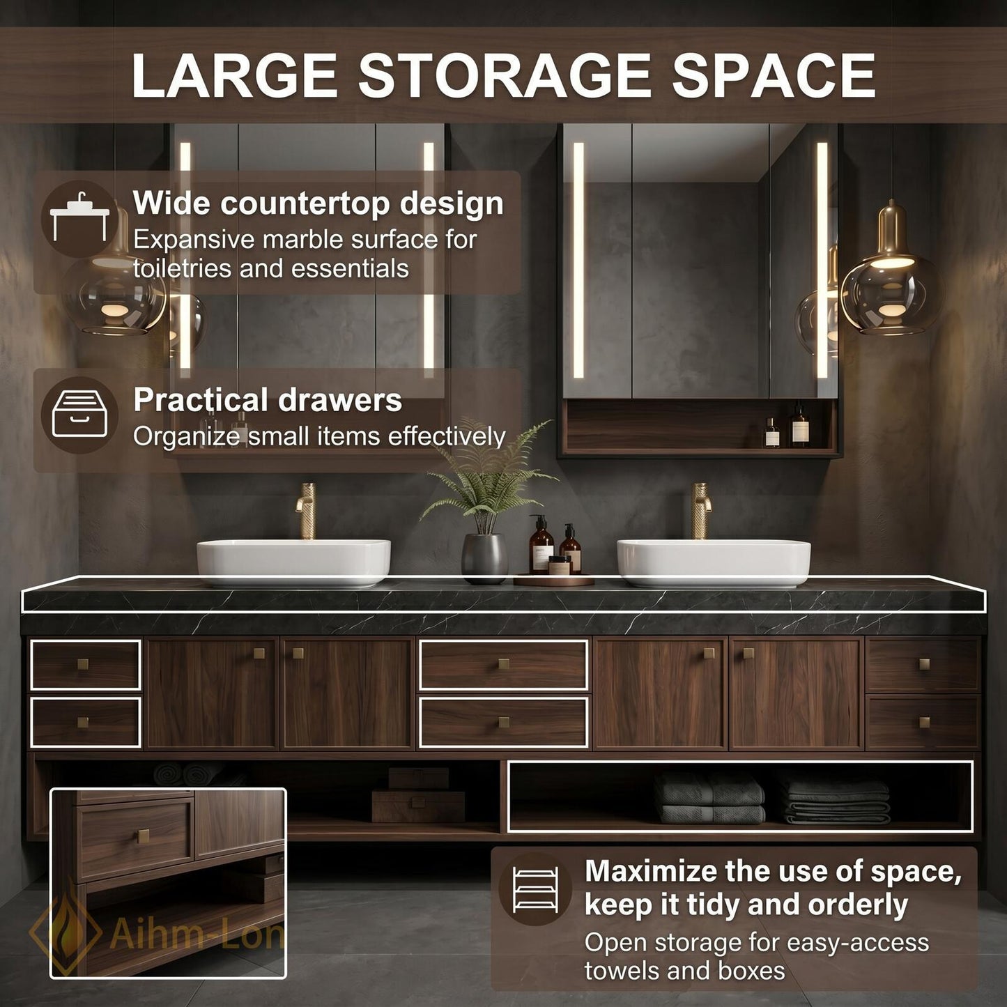 70''-96'' Bathroom Vanity with Sink Modern Floating Dark Walnut Open Center Shelving