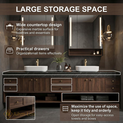 70''-96'' Bathroom Vanity with Sink Modern Floating Dark Walnut Open Center Shelving