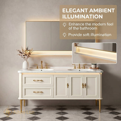 60''-96'' Elegant Bathroom Vanity with Sink Double Sink Marble-Like Top Panel Mirror