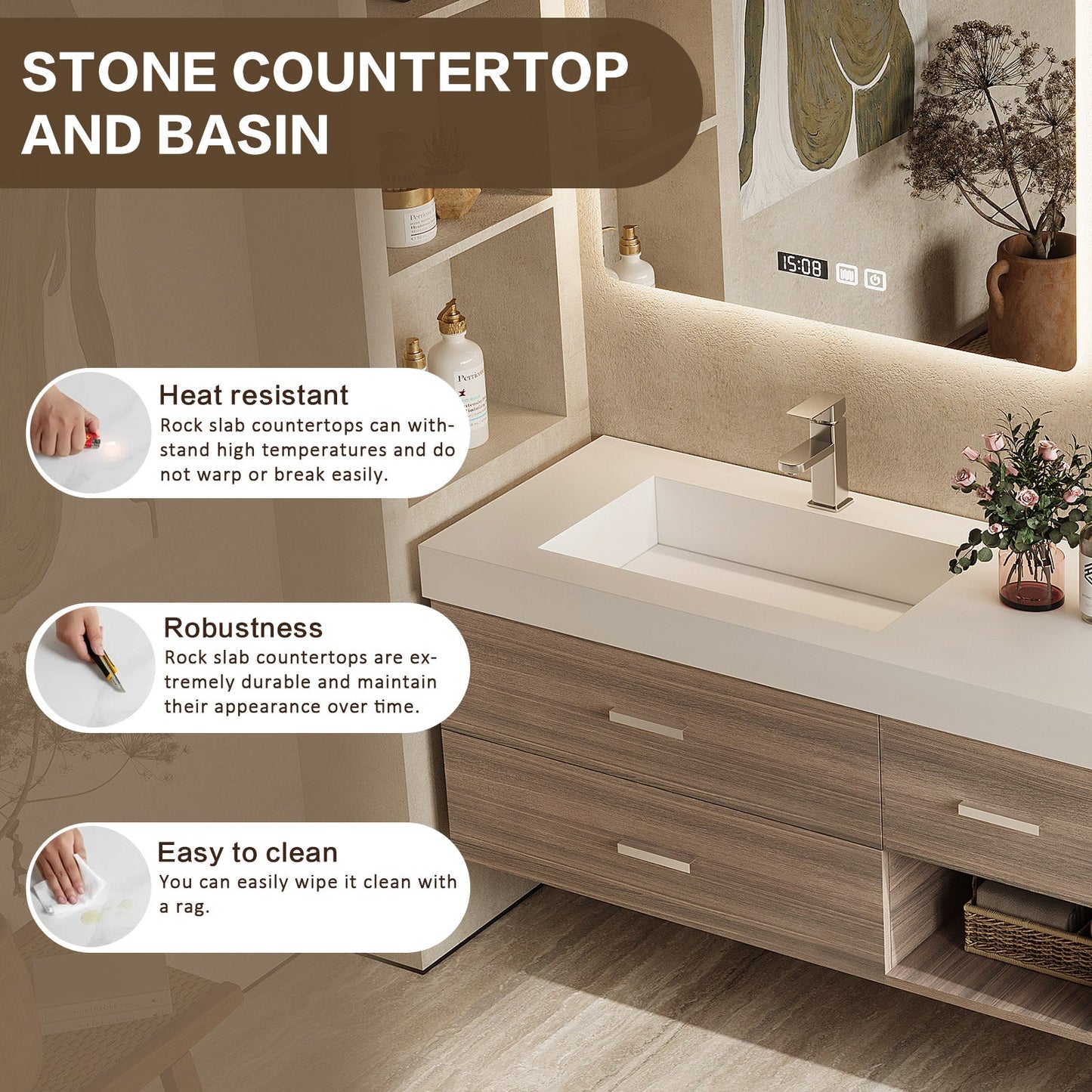 56"- 78"Floating Bathroom Vanity Includes Five Brown Wood Design Drawer