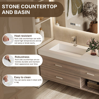 56"- 78"Floating Bathroom Vanity Includes Five Brown Wood Design Drawer