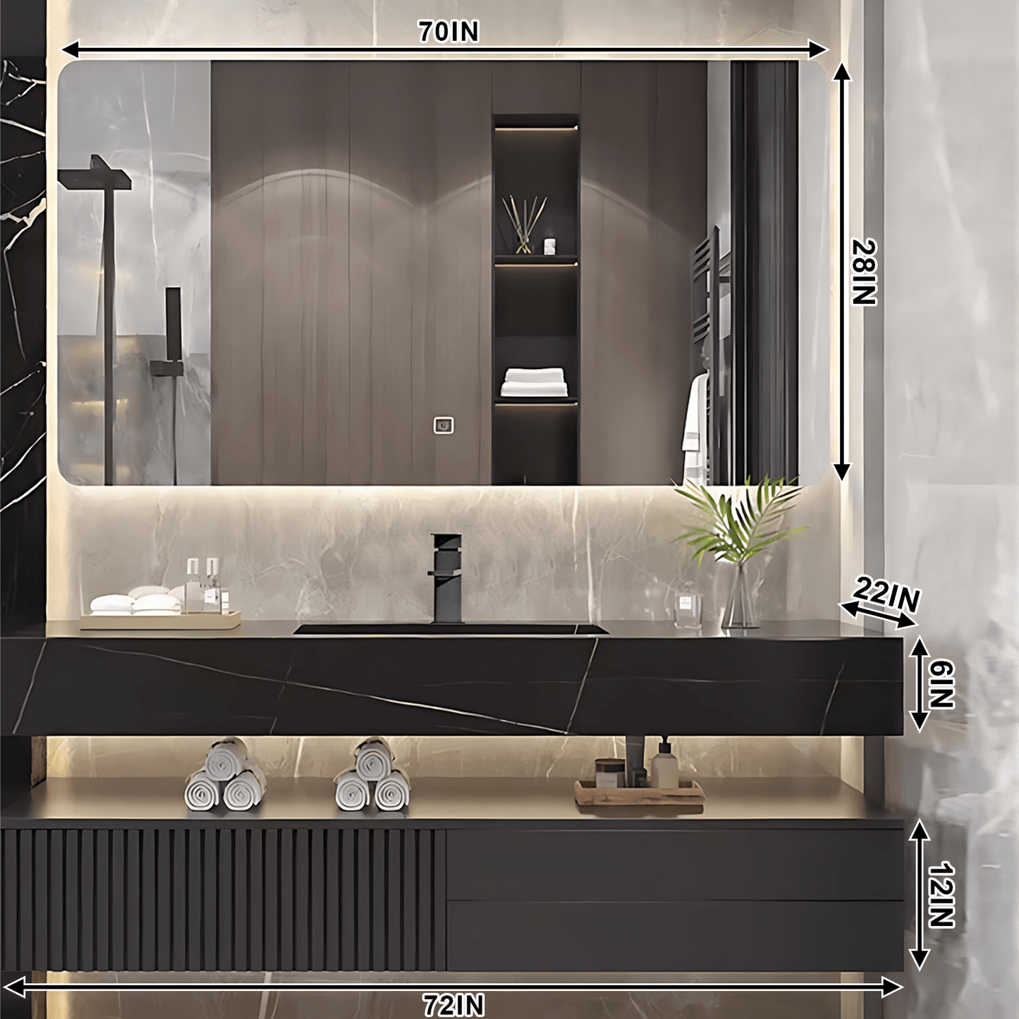 32"- 72" Modern Black Bathroom Vanity Set with Mirror and Single Basin