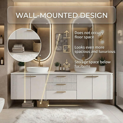 60“-96”Floating Bathroom Vanities with Double Sink (White Vertical Texture)