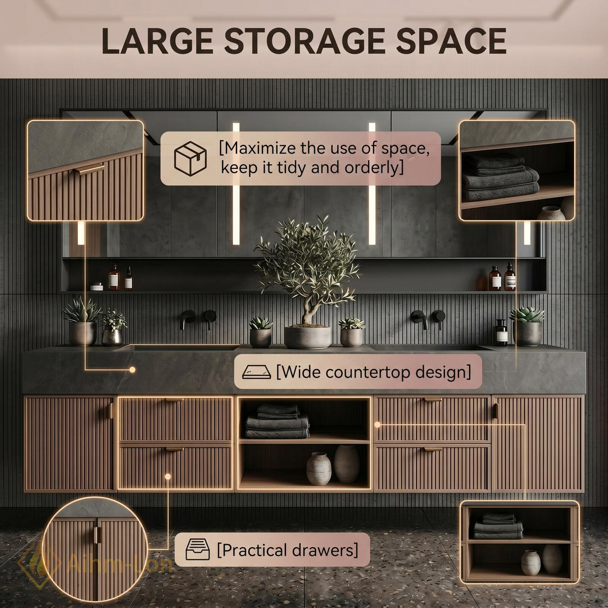 72''-96'' Bathroom Vanity with Sink Floating Vanity Slatted Wood Finish Open Center