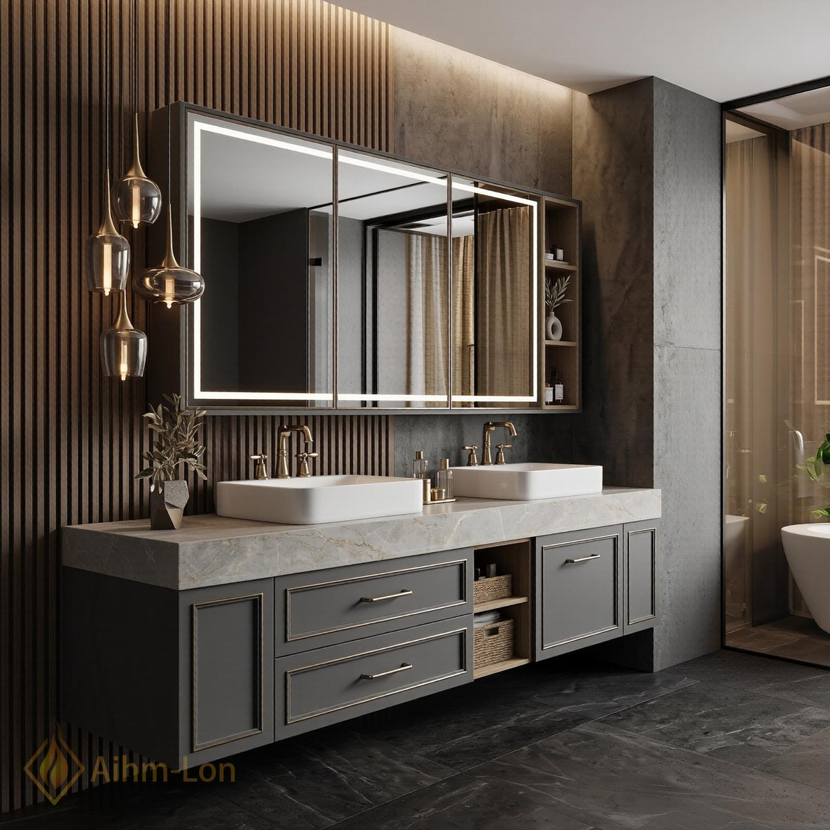 60''-96'' Double Bathroom Vanity with Sink Modern Gray Marble Top Spacious Storage