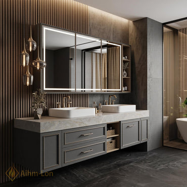60''-96'' Double Bathroom Vanity with Sink Modern Gray Marble Top Spacious Storage