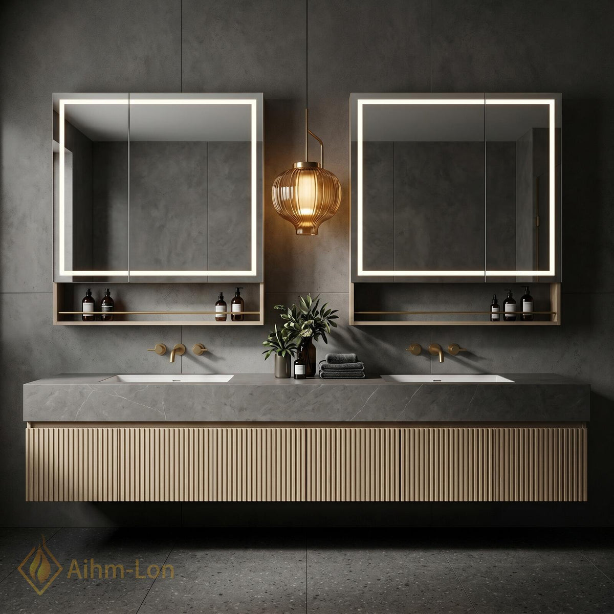 60''-96'' Double Bathroom Vanity with Sink Ribbed Panel Warm Wood Finish Open Shelving